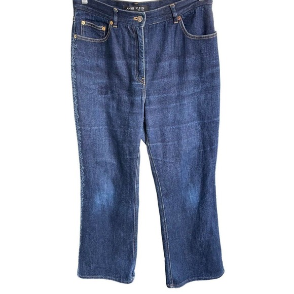 Anne Klein Womens Jeans Side Print High Rise Sz 8 Straight Leg Medium Wash EUC - Picture 1 of 11